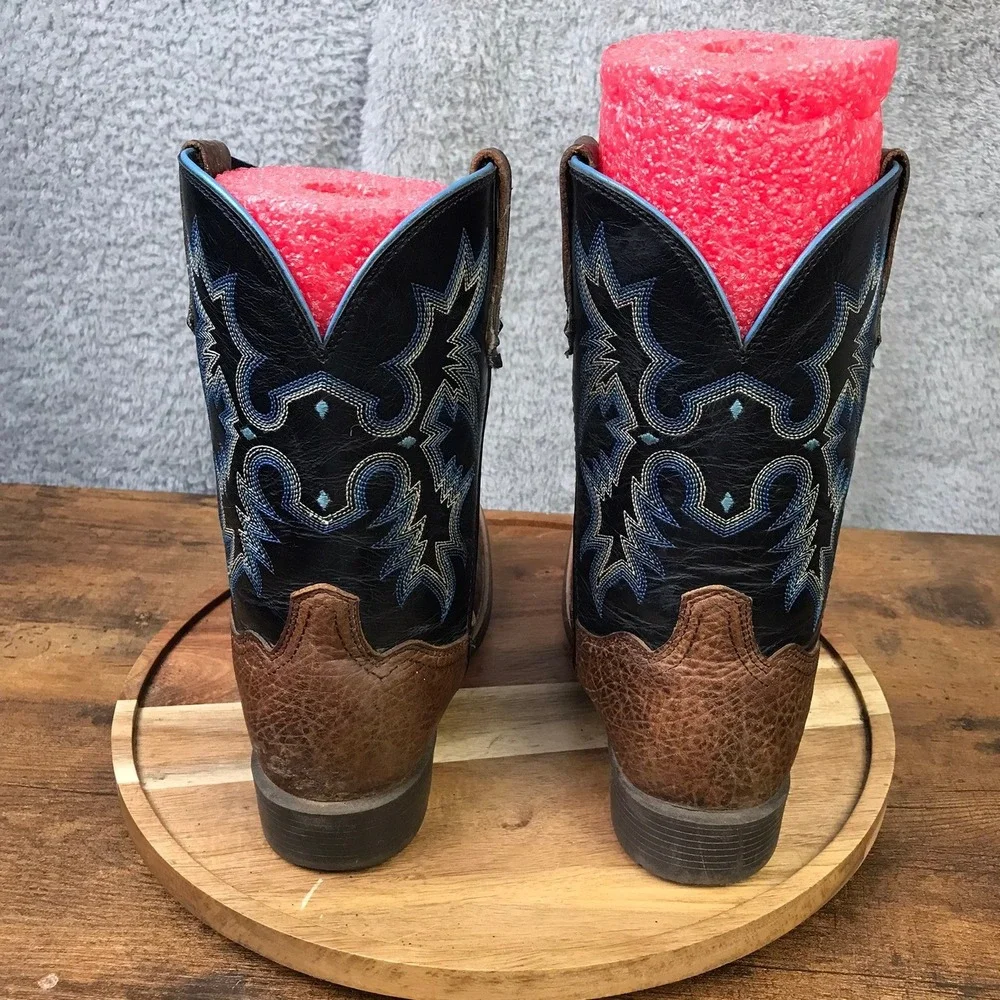 Ariat Tombstone Western Boots Kids 3 Brown Black Blue Stitched Square Toe Cowboy
